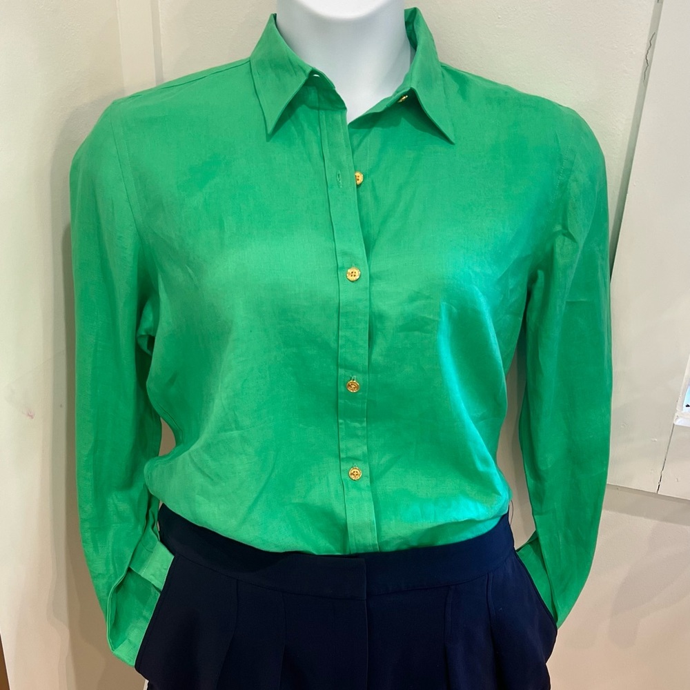 Chap’s 100% Linen Kelly Green Button Down Shirt